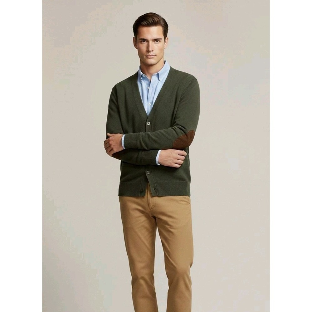 Polo Ralph Lauren Cardigan Sweater Mens Small Merino Wool Elbow Patch Green‎